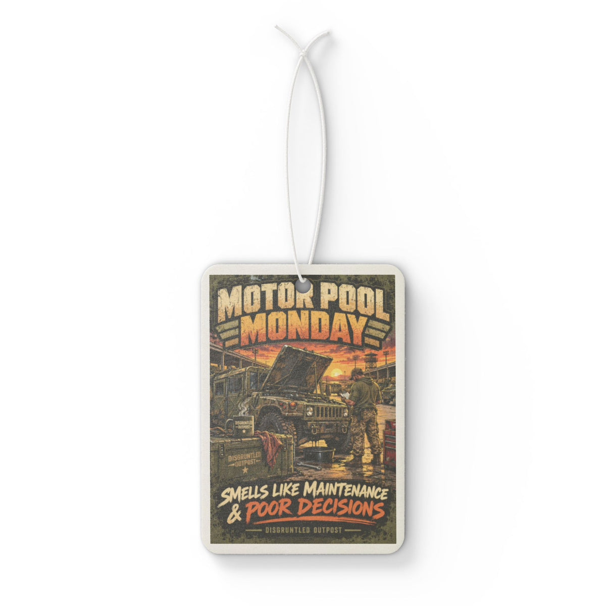Motor Pool Monday air freshener hanging mockup