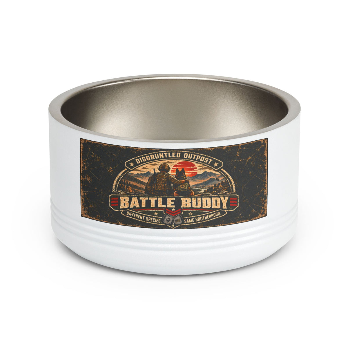 Disgruntled Outpost Battle Buddy 18 oz pet bowl with K9 Paw Flag back design product mockup