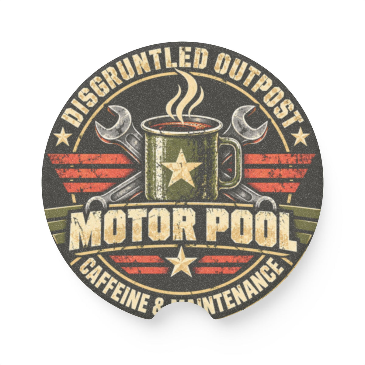 Disgruntled Outpost Motor Pool soapstone car coaster product mockup