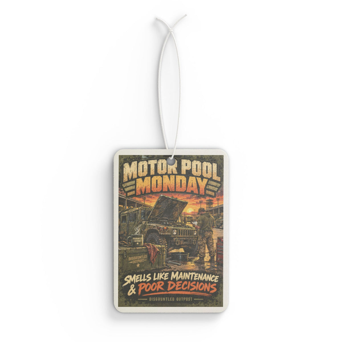 Disgruntled Outpost Motor Pool Monday air freshener product mockup