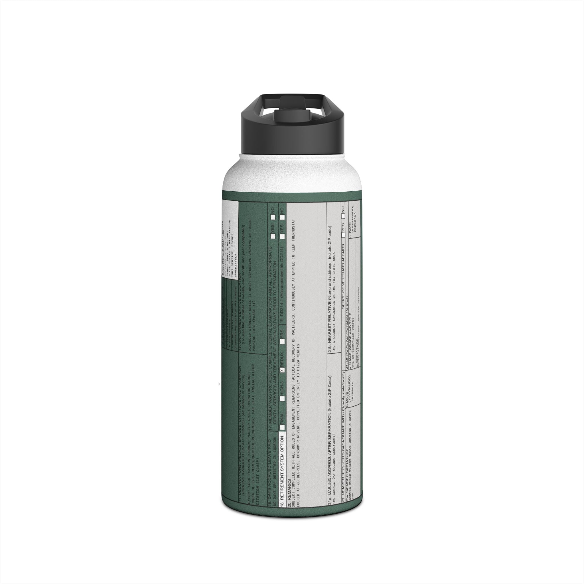 Custom Veteran Dad Water Bottle — 'Department of Disillusionment' DD-214 Parody Stainless Steel Bottle