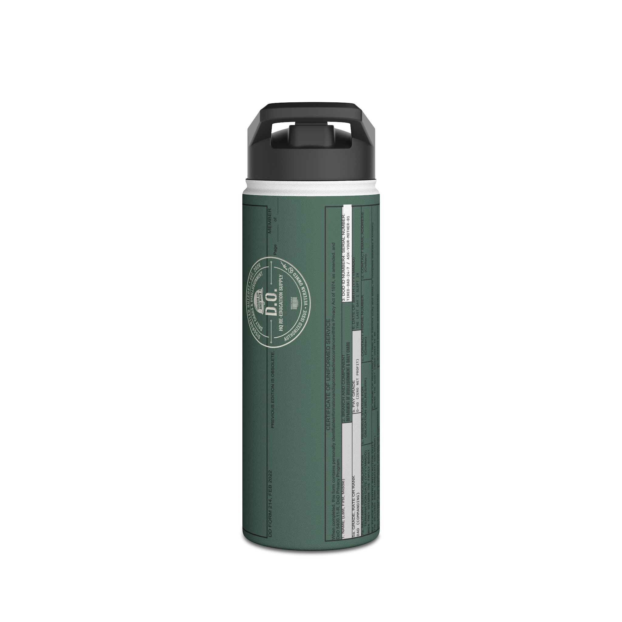 Custom Veteran Dad Water Bottle — 'Department of Disillusionment' DD-214 Parody Stainless Steel Bottle