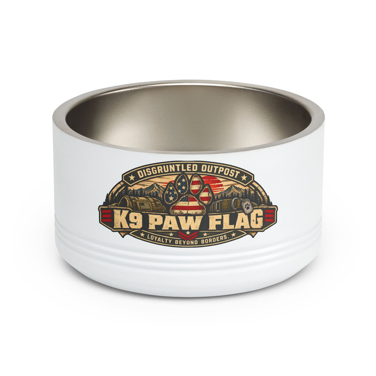 Disgruntled Outpost K9 Paw Flag 18 oz pet bowl with Battle Buddy back design product mockup