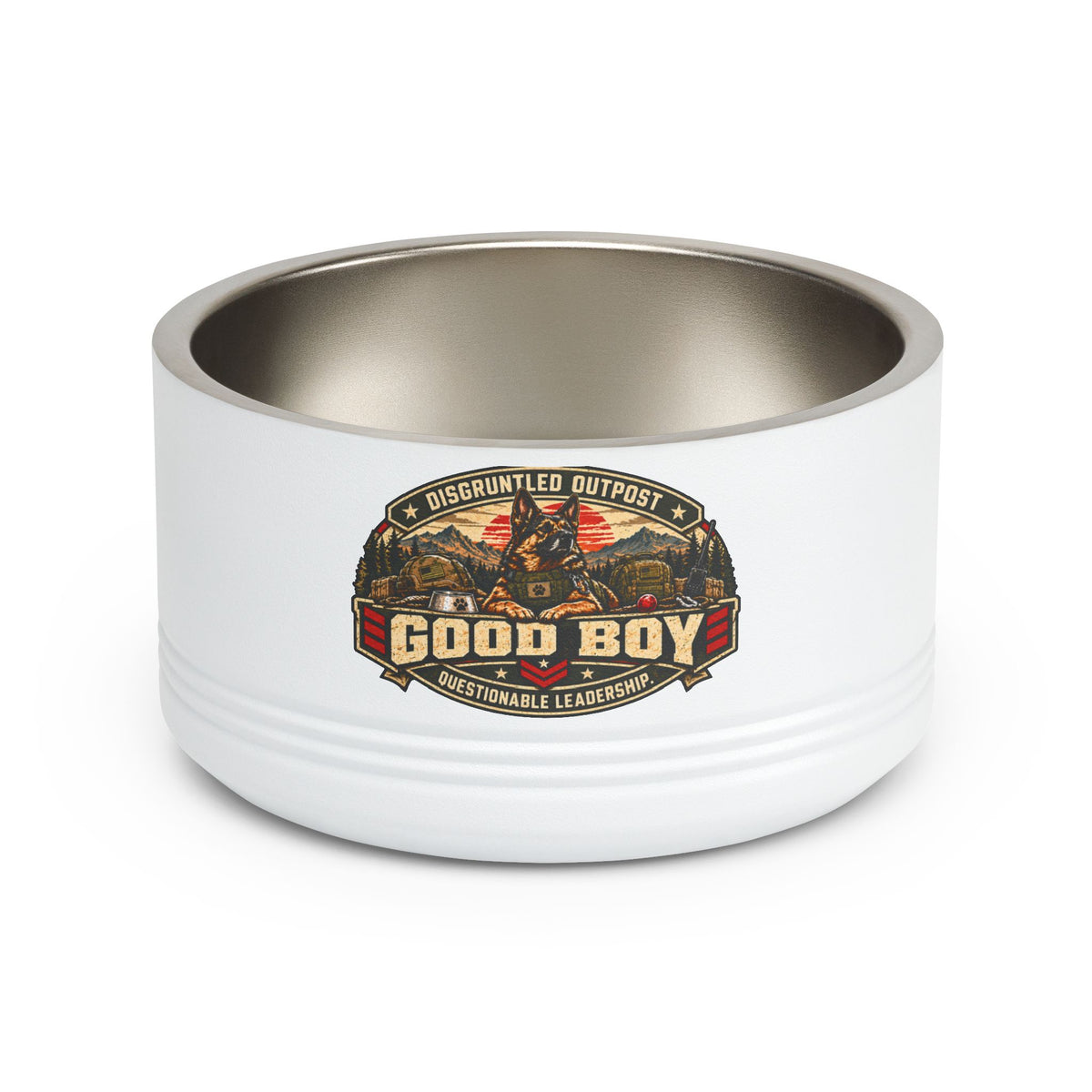 Disgruntled Outpost Good Boy 18 oz pet bowl with K9 Paw Flag back design product mockup