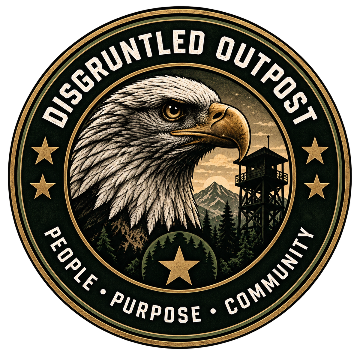Disgruntled Outpost eagle seal — People. Purpose. Community.